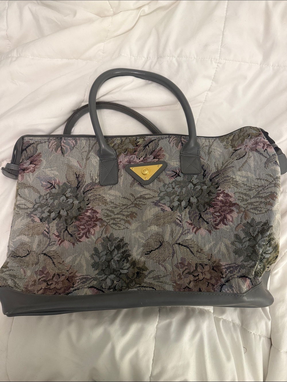 Gray Floral Tapestry Tote Bag with Gold Accent